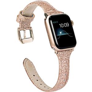 Wearlizer Thin Glitter Leather Compatible with Apple Watch Leather Bands Women 38mm 40mm 41mm 42mm 44mm 45mm 46mm 49mm for iWatch Series 11 10 9 8 7 6 5 4 3 SE/Ultra 3 2 1 Slim Bling Glistening Strap