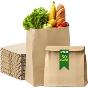 Brown Paper Bags50 Count Heavy Duty Large Kraft Paper Grocery Bags 12x7x17 Inch for Shopping, Storage, Takeout, Retail, Bulk Pack