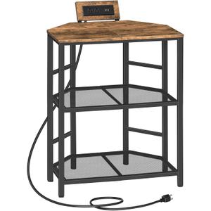 MAHANCRIS Corner Printer Stand with Charging Station, 3-Tier Large Printer Table with Adjustable Feet, Metal Frame Storage Shelf for Office, Living Room, Small Space, Rustic Brown PTHR14E01