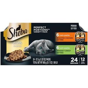 Sheba Perfect Portions Wet Cat Food Cuts in Gravy Variety Pack, Roasted Chicken Entree and Tender Turkey Entree, 2.6 oz. Twin-Pack Trays (12 Count, 24 Servings), Best Before 09/2027