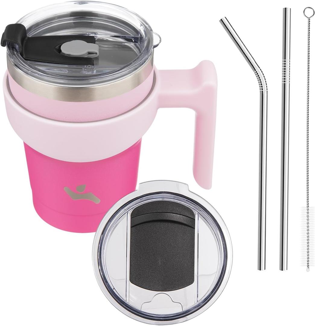 10 oz Tumbler with Handle and 2 Straw 2 Lid, Insulated Water Bottle Stainless Steel Vacuum Cup Reusable Travel Mug, Cherry (Sakura)