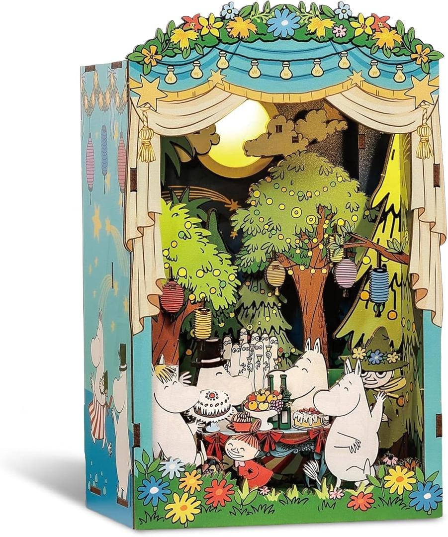 Hands Craft Moomin Moominous Dance Party Book Nook Kit Fun 3D Puzzle with Touch LED Lights DIY Wooden Craft Kit for Bookshelf Decor & Gifts Features Moomintroll & Friends from Moomin Valley