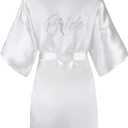 EPLAZA Women's One Size Silver Rhinestones Bride Bridesmaid Short Satin Robes for Wedding Party Getting Ready (White)