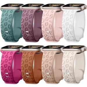 8 Pack Leopard Engraved Bands Compatible for Apple Watch Band 41mm 40mm 38mm 49mm 45mm 44mm 42mm 46mm Women, Cheetah Soft Silicone Sport Wristband Strap for iWatch Series 10 9 8 7 6 5 4 3 Ultra 2 SE