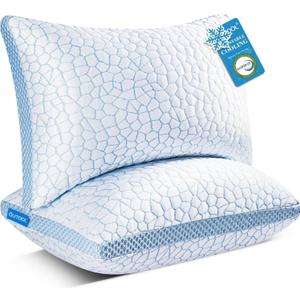 QUTOOL Enhanced Cooling Pillows for Sleeping, CertiPUR-US Shredded Memory Foam Pillows Queen Size Set of 2 for Hot Sleeper, Adjustable Bed Pillow for Side, Back, Stomach Sleepers Support Yet Soft Blue
