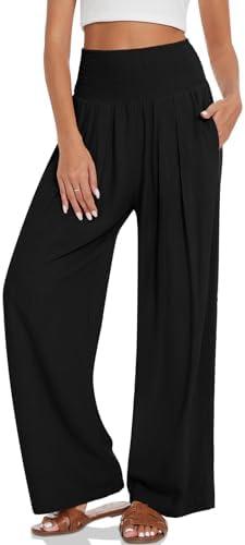 UEU Women's Linen Palazzo Pants Wide Leg High Waisted Lounge Casual Beach Pants with Pockets S