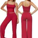 QBGJTD Women's Workout Sets Two Piece Spaghetti Straps Crop Top Matching Straight Leg Pants Gym Work Pilates Outfits (Large, Red)