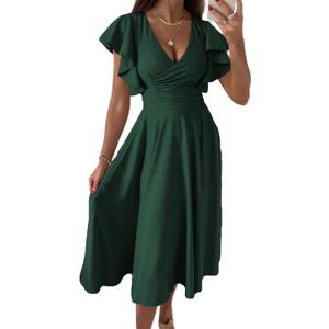 PRETTYGARDEN Summer Midi Dress 2026 Spring Ruffle Sleeve V Neck Cocktail Wedding Guest A Line Fit and Flared Dresses (Green)