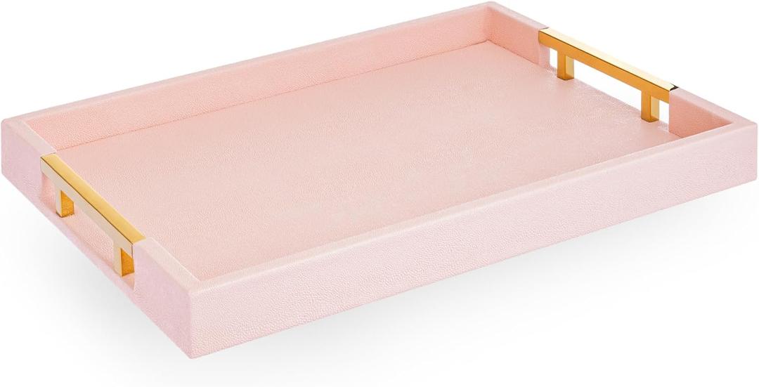 Modern Elegant 18"x12" Rectangle Baby Pink Tray Glossy Shagreen Faux Leather Decorative Ottoman Coffee Table Perfume Dresser Kitchen Serving Tray with Gold Polished Metal Handles.