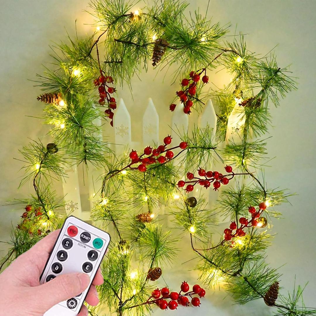 Christmas Garlands 6.56FT 30 LED Remote Garlands with Lights Battery Operated Pine Garland with Artificial Greenery Garland Christmas Decorations Timer & 8 Flash Modes