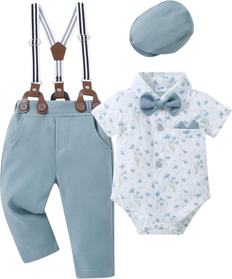 YALLET Baby Boy Clothes Suit Newborn Infant Gentleman Outfits, Formal Dress Shirt+ Bowtie+ Suspender Pants Wedding Party Set (0-3 Months, Short Sleeved White Flower)