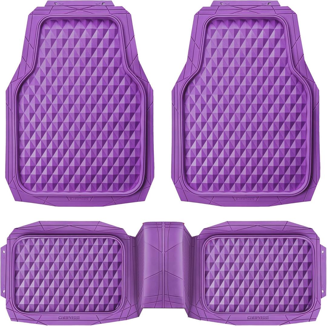 CAR PASS Heavy Duty Rubber Car Mats, Deep Dish All-Weather Floor Mat for Car Full Set Durable Anti-Slip 3D Rhombus Waterproof Trim to Fit Liner Universal Fit Automotive,Sedan,SUV,Truck, 3 Pcs Purple