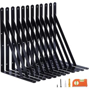 12-Pack 18 Inch Heavy Duty Shelf Brackets, Thicken Wall Bracket for Garage Floating Storage Shelves, Black Powder-Coated Steel