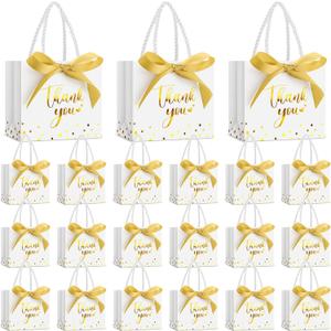 Jetec 45 Pcs Mini Paper Gift Bag Bulk 5.5 x 4.7 x 2.5'' Small Thank You Favor Bag with Handle Bow Ribbon for Valentines Day Wedding Baby Bridal Shower Birthday Party(White/gold)