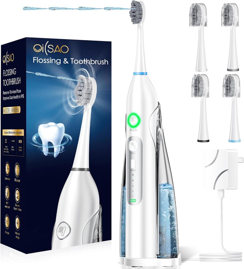 Electric Toothbrush with Water Flosser Combo - All-in-One Oral Care Solution, 3 Sonic Cleaning Modes, 5 Flossing Speeds, 4 Replacement Heads, Portable Teeth Cleaning for Plaque Removal