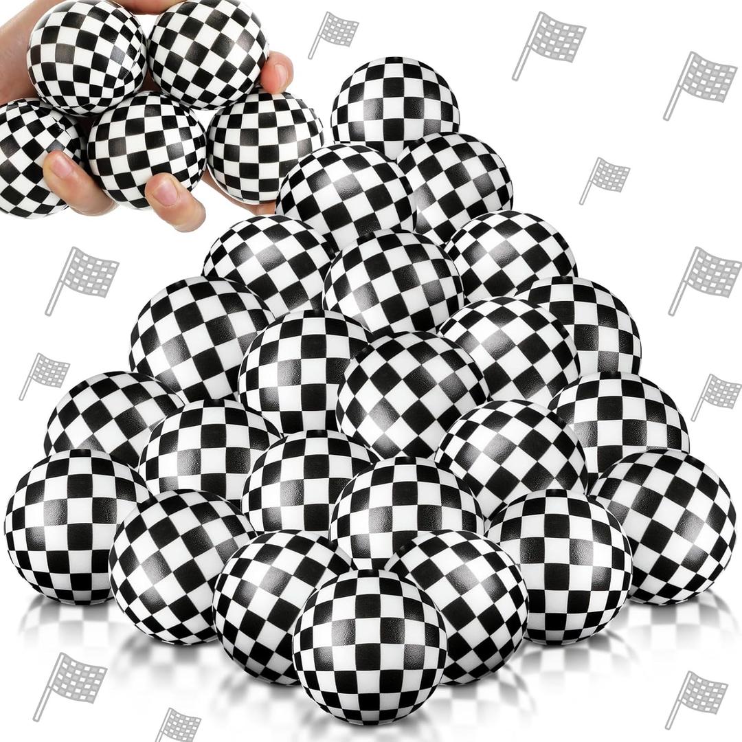 Soulchen 24 Pcs Race Cars Party Favors 1.97'' Stress Balls Black and White Checkered Sensory Fidget Toys Gifts for Kids Squeeze Anxiety Fidget Sensory Balls Birthday Party Favors Supplies