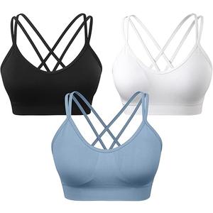 Women's Cross Back Sports Bra Padded Strappy Medium Support Yoga Bra for Workout Fitness 3 Pack (Blue, White, Black) Medium