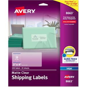 Avery Printable Shipping Labels with Sure Feed, 2" x 4" Customizable Stickers, Matte Clear, 250 Blank Mailing Labels, Great for Mailing, Shipping, and More (8663)