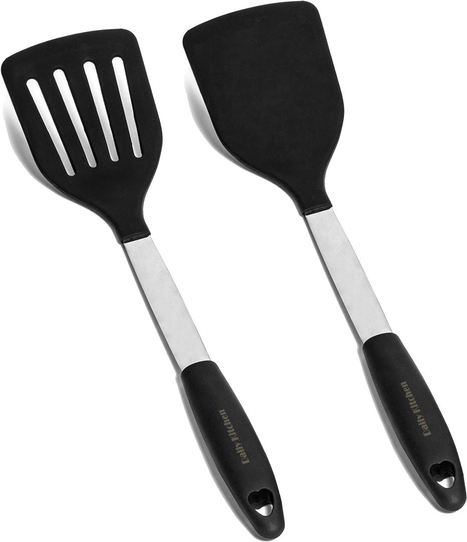 Silicone Spatula Set Heat Resistant - Stainless Steel Turner Spatulas Rubber Grip - Flexible Metal Spatulas for Non Stick Cookware - Pancake Turners Egg Flippers (Black)