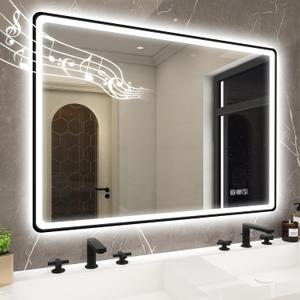 STARLEAD 40"x28" LED-Bathroom-Mirror-with-Lights, Wall-Mounted with Bluetooth, Anti-Fog, 3 Color Temperature Dimmable Brightness, Waterproof, Tempered Glass, Frontlit & Backlit, Black Frameless