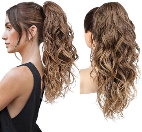 REECHO Ponytail Extension, 18" Claw Clip Ponytail Extension Wavy Ponytails Hair Extensions Jaw Clip on Pony Tails Natural Synthetic Hairpiece for Women Daily, Dark Ash Blonde with Golden Ends