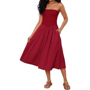 Livtany Women Off Shoulder Midi Dress Strapless Sleeveless Drop-Waist A Line Tube Dress Trendy Summer Swing Patchwork Dress (Red, S)