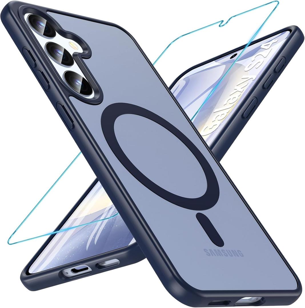 OWKEY for Galaxy S24|S25 Case 6.2'',Magnetic Samsung Galaxy S24/S25 Case for Magsafe with Tempered Glass Screen Protector, [Shockproof Military] Translucent Back Slim Bumper Cover S24 S25 Case, Blue