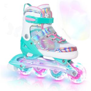 Nattork Kids Inline Skates Butterfly and Flower for Boys Girls Kids, 4 Sizes Adjustable Quad Skates with All Light up Wheels - Birthday Gift for Indoor Outdoor Sports (Small(10C-13C), Teal)