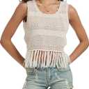 Ross&Freckle Women's Summer Swimsuit Bikini 2025 Beach Swimwear Crochet Cover up Hollow Out Crop Sleeveless Swim Outfit, Beige, Size XXL