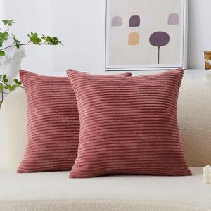 Home Brilliant 24x24 Pillow Covers Pink Decor Striped Velvet Corduroy Euro Sham Large Square Pillowcase for Sofa Bed, 60cm, Set of 2, Dry Rose Pink