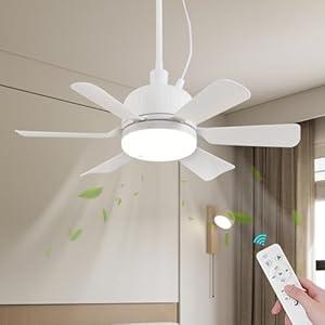 AHAWILL 18''Ceiling Fan, Portable Ceiling Fans with Lights, 3 Color Dimmable 3 Fan Speeds, Plug in Hanging Ceiling Fan for Bedroom, Tent, Indoor.White