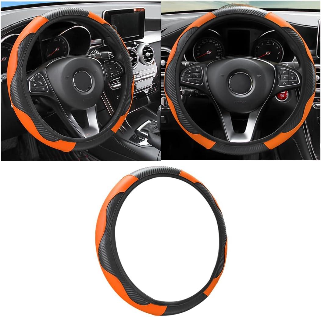 Car Steering Wheel Cover, 15 inch Carbon Fiber Microfiber PU Leather Elastic Steering Wheel Protector for Men Women, Anti-Slip Breathable Car Interior Accessories for Most Cars (Black/Orange)