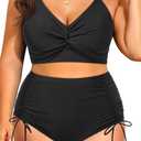 Women's Plus Size High Waisted Bikini -Twist Front Two Piece Swimsuit 2025 Tummy Control Bathing Suits with Drawstring, Size 18W (Black)