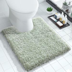 Yimobra Toilet Rugs U Shaped Washable 24x20, Ultra Soft and Water Absorbent Bath Mats, Non Slip Fluffy Shaggy Luxury Microfiber Contour Bath Rugs for Toilet, Dry Quick, Light Green and White