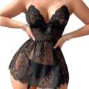 SOLY HUX Women's 4 Piece Lingerie Lace Sheer Babydoll Mini Dress Garter Chemise Sleepwear with Leg Ring (Black, XL)