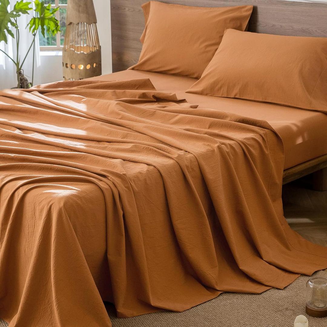MooMee Flat Top Sheet Only 100% Washed Cotton Linen Like Textured Breathable Durable Soft Comfy (Burnt Orange, King)