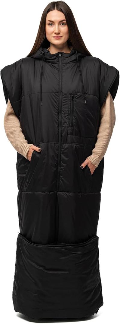 Adult Wearable Sleeping Bag with Hoodie, Sleeveless Design Adjustable Drawstring Waterproof Wearable Sleeping Bag Ideal for Camping, Cold Weather (Black)