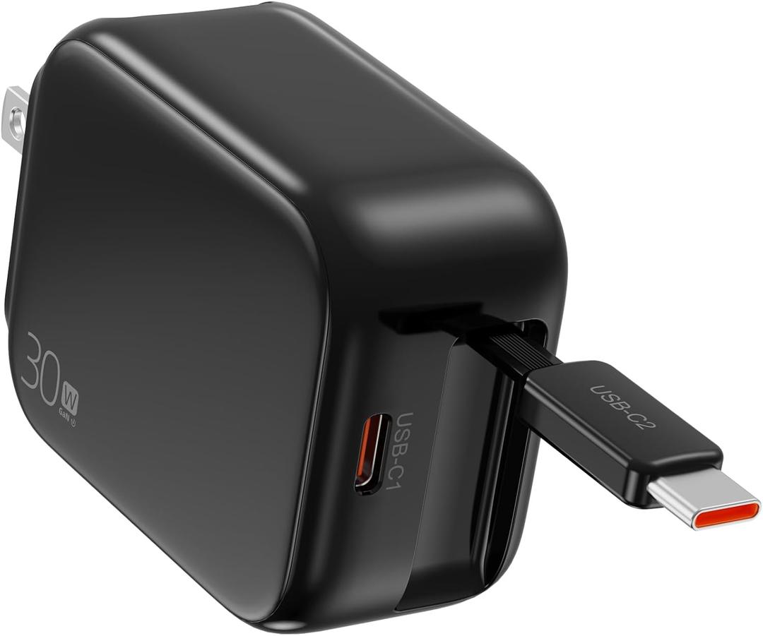 2-in-1 Retractable Wall Charger Plug with USB C Port and 27in/70cm Type C Cable,Travel Essentials 30W Fast Charging Foldable Block for iPhone 17/16/15/,iPad,Galaxy,Pixel-Black