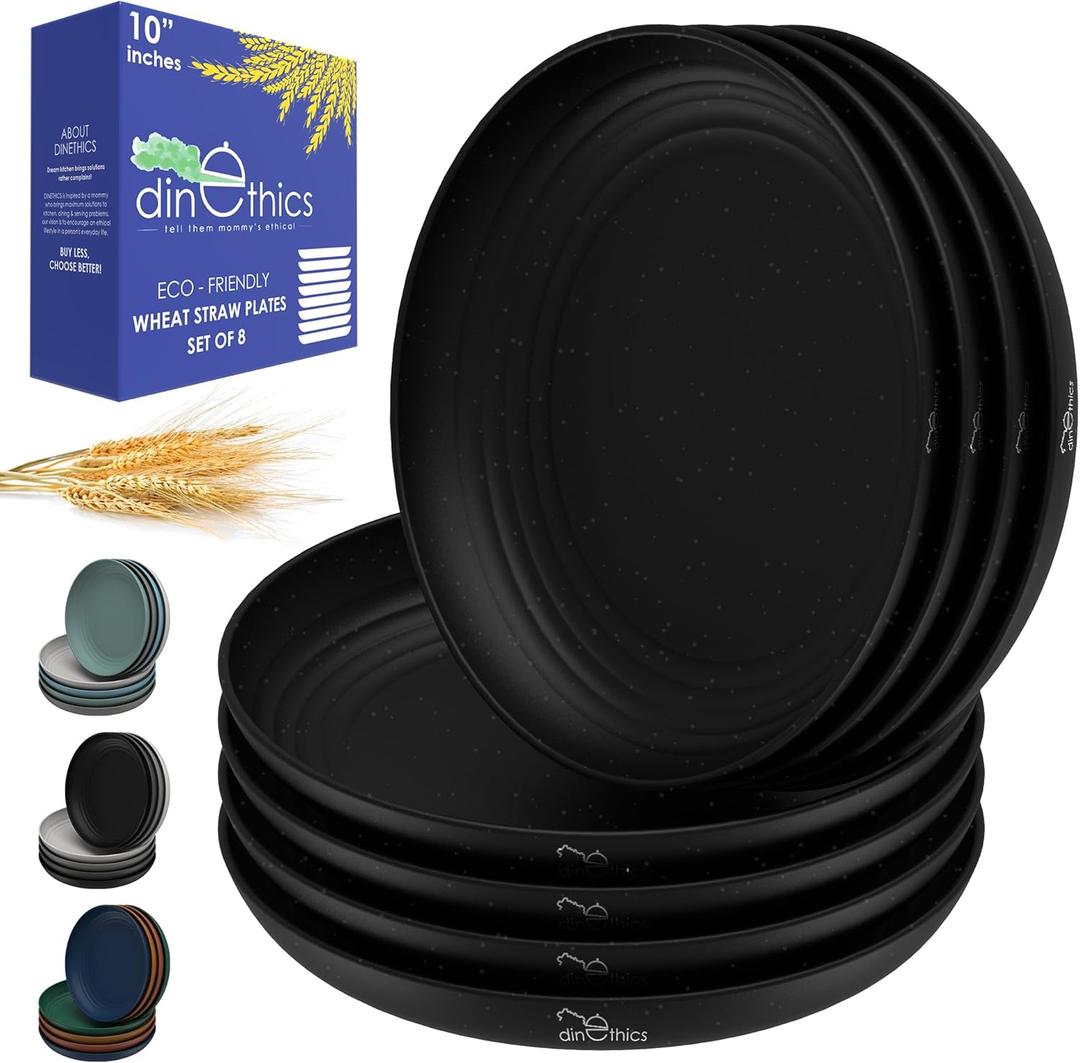 DINETHECS Wheat Straw Plates 10 inch - Alternate to Black Plastic Dinner Plates set of 8 - Microwave Safe Plates For Kitchen - Unbreakable Black Dishes For Kids & Adults - Camping Dishes - Reusable Dorm Dishes