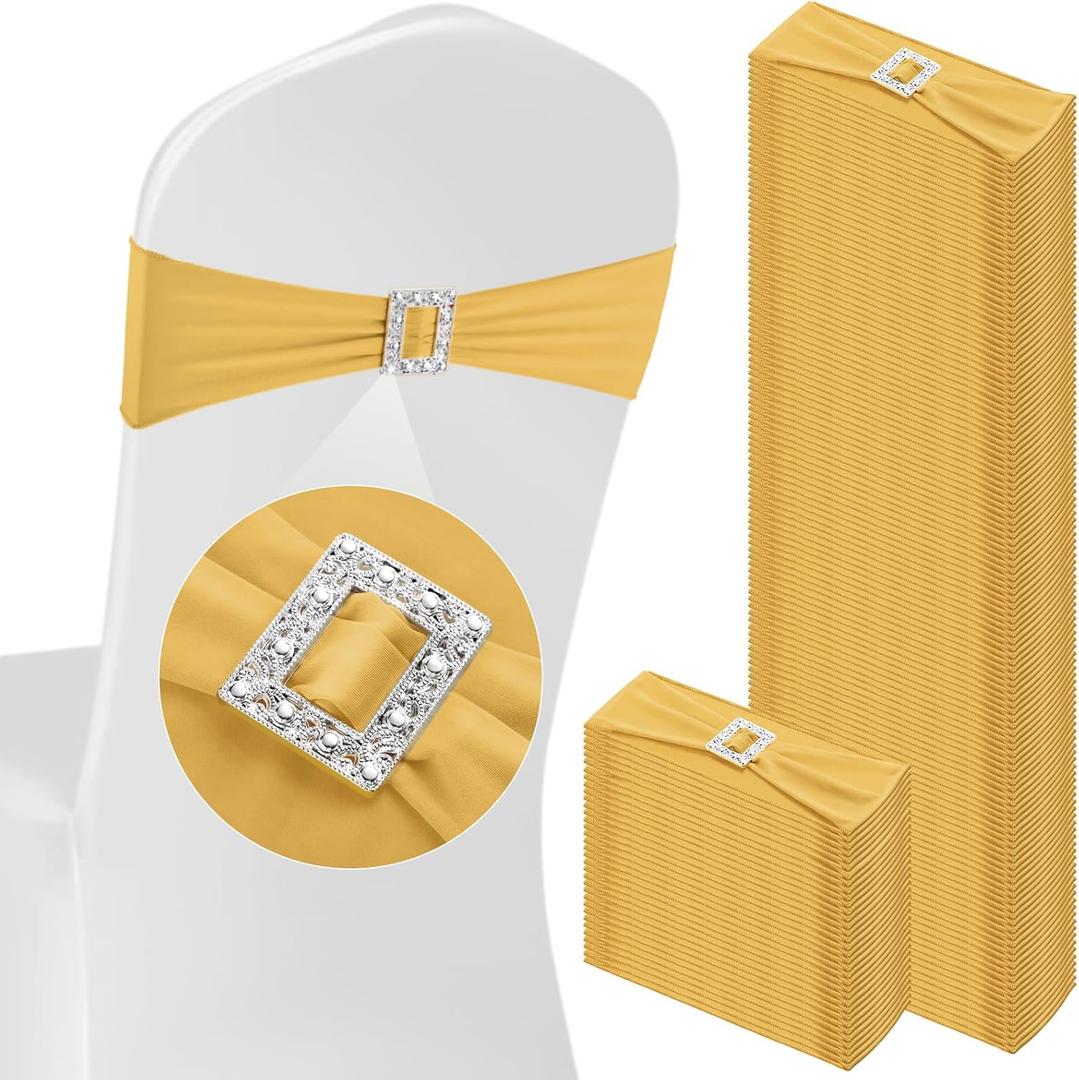 VitalCozy 100 Pcs Spandex Chair Sashes with Square Buckle Slider Stretch Chair Cover Band Universal Elastic Ties Straps Bows for Wedding Banquet Event Party Decoration(Gold) VitalCozy 100 Pcs Spandex Chair Sashes with Square Buckle Slider Stretch Chair Cover Band Universal Elastic Ties Straps Bows for Wedding Banquet Event Party Decoration(Gold)