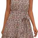 Womens Halter Neck Summer Boho Floral Print Casua  Sleeveless Vintage Ruffle Belt Sexy Dresses Womens Loose Dresses S