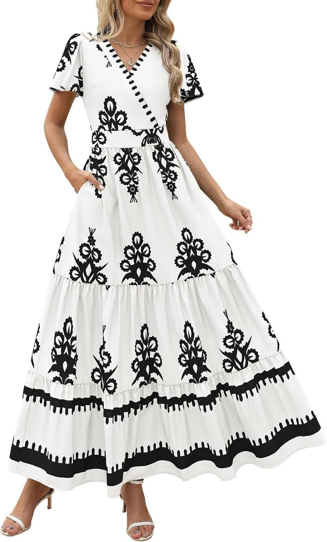PRETTYGARDEN Womens Floral Boho Maxi Dress (White, L)