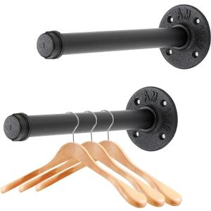 10 Inch Black Industrial Pipe Floating Clothing Rack Wall Mounted, Heavy Duty Garment Rack for Hanging Clothes, Multi-purpose Hanging Rod for Closet Storage, 2 Pack