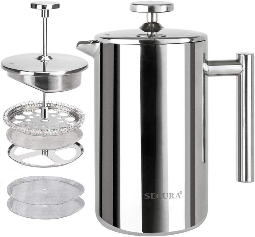 Secura French Press Coffee Maker, 304 Grade Stainless Steel Insulated Coffee Press with 2 Extra Screens, 12oz (0.35 Litre), Silver