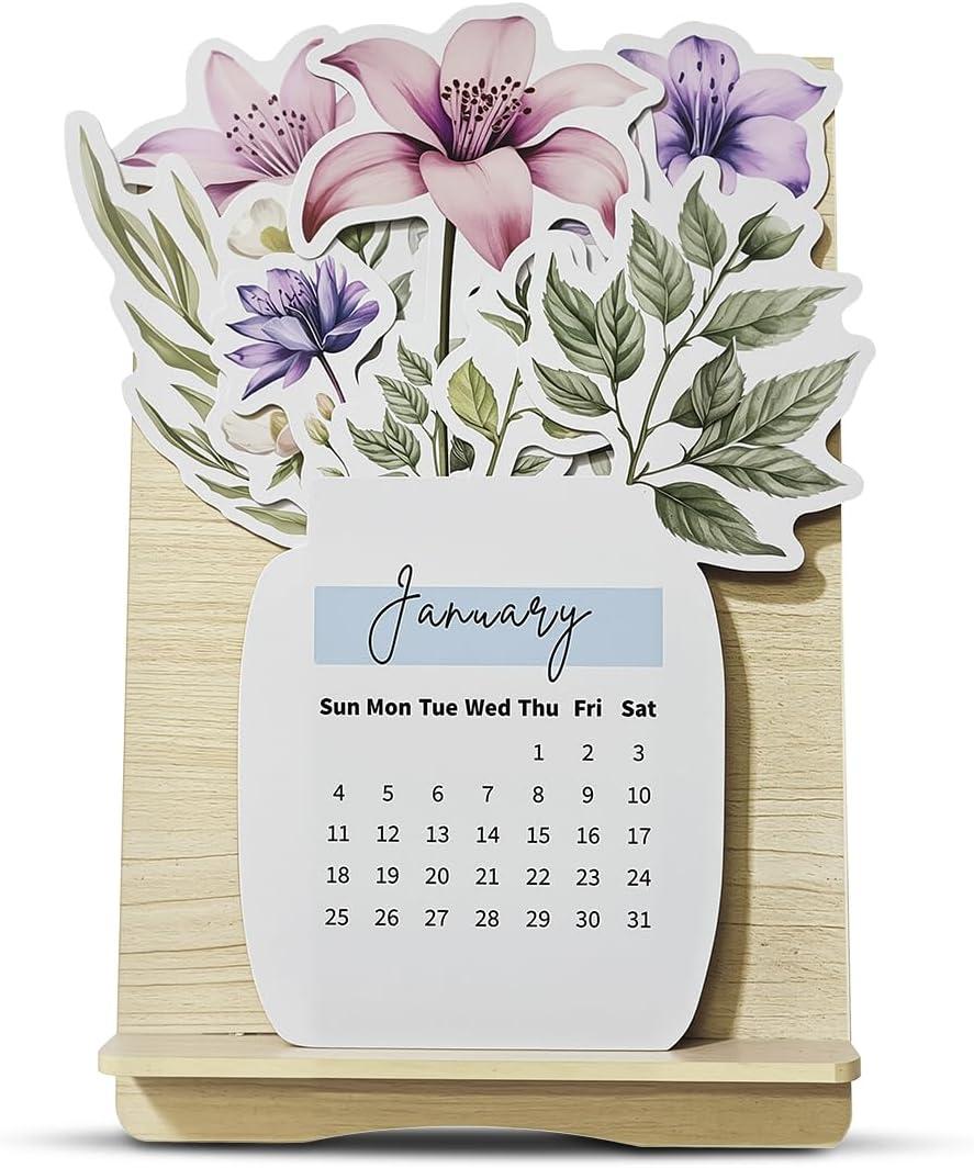 2 x Floral Desk Calendar with Stand Flower Themed Table Calendar for Home Office 12 Months Standing Flip Calendar for Daily 8x4 Inch
