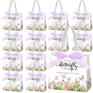 Spakon 25 Pack Butterfly Baby Shower Favors Gift Bags Goodie Bags with Handles and Bow Ribbon for Baby Shower Return Gift