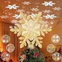 BROSYDA Christmas Tree Topper Lighted, 3D Glitter Snowflake Tree Topper Built-in LED Rotating Lights with 6 Projection Modes, Striking Christmas Tree Decoration (Gold)