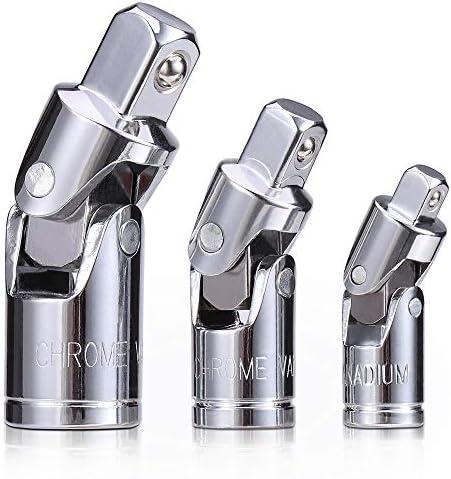 3PCS Universal Joint Socket Set, Chrome Vanadium Steel Swivel Socket Adapter Set, 1/4IN, 3/8IN, 1/2IN Drive Universal Joint Set