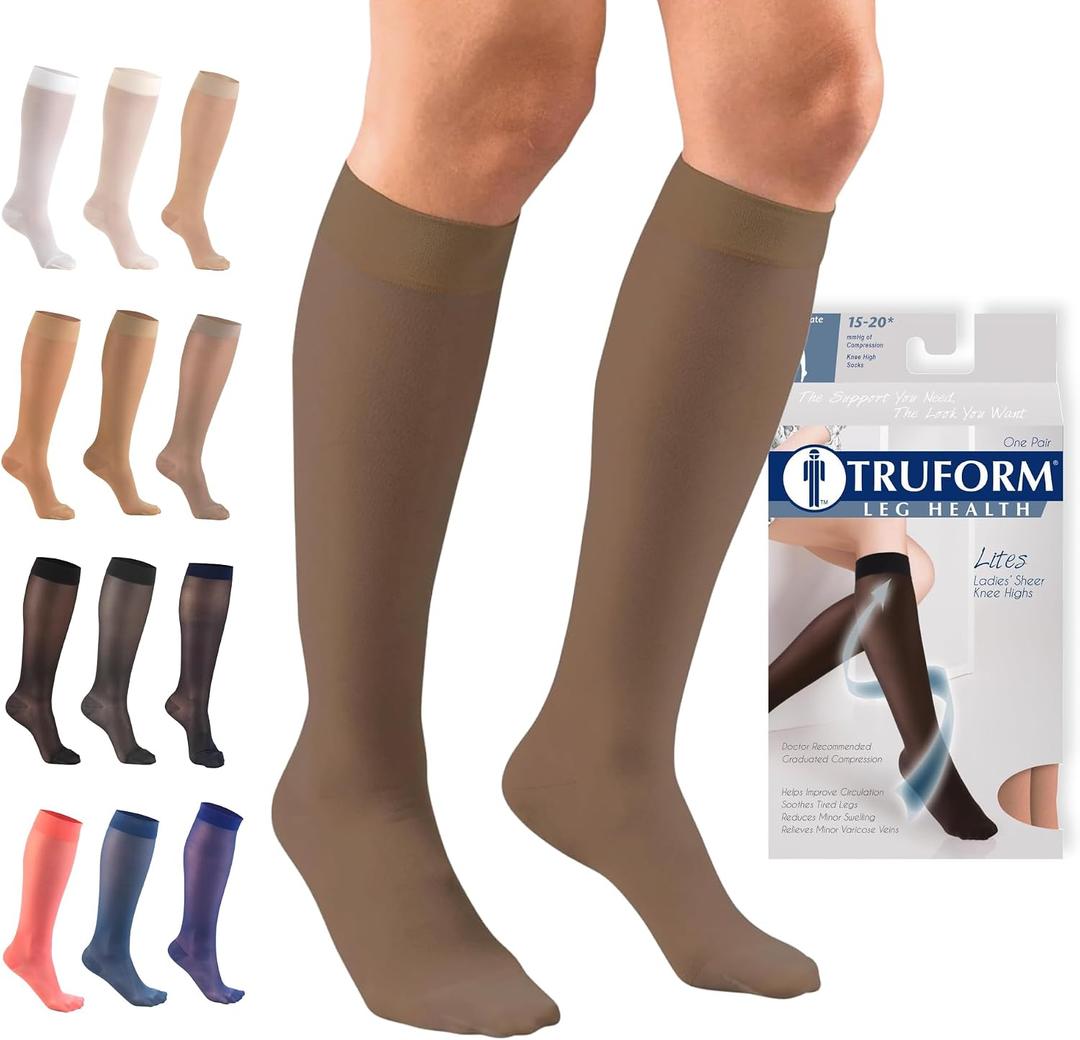 Truform Sheer Compression Stockings, 15-20 mmHg, Women's Knee High Length, 20 Denier, Espresso, X-Large