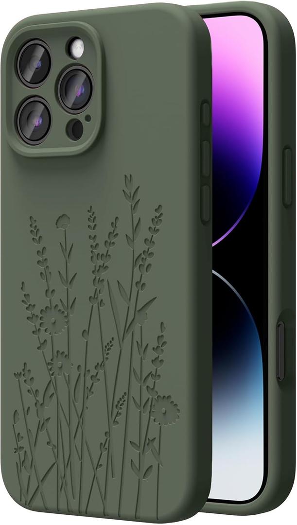 Magnetic Engraved Case Compatible with iPhone 16 Pro Case, Compatible with Magsafe, Camera All-Round Protection, Slim Liquid Silicone Phone Case for Women Girls, Calke Green Flower